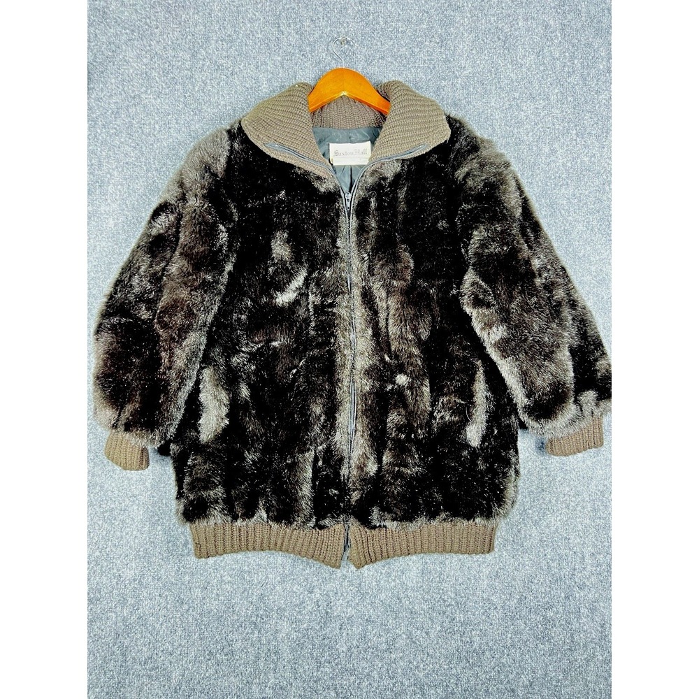 Saxton Hall Women's Brown Fur Bomber Jacket Zip Front Collared Knit Trim M